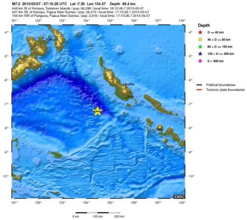 Forte terremoto tra Papua-Nuova Guinea ed Isole Salomone, magnitudo 7.2 Richter