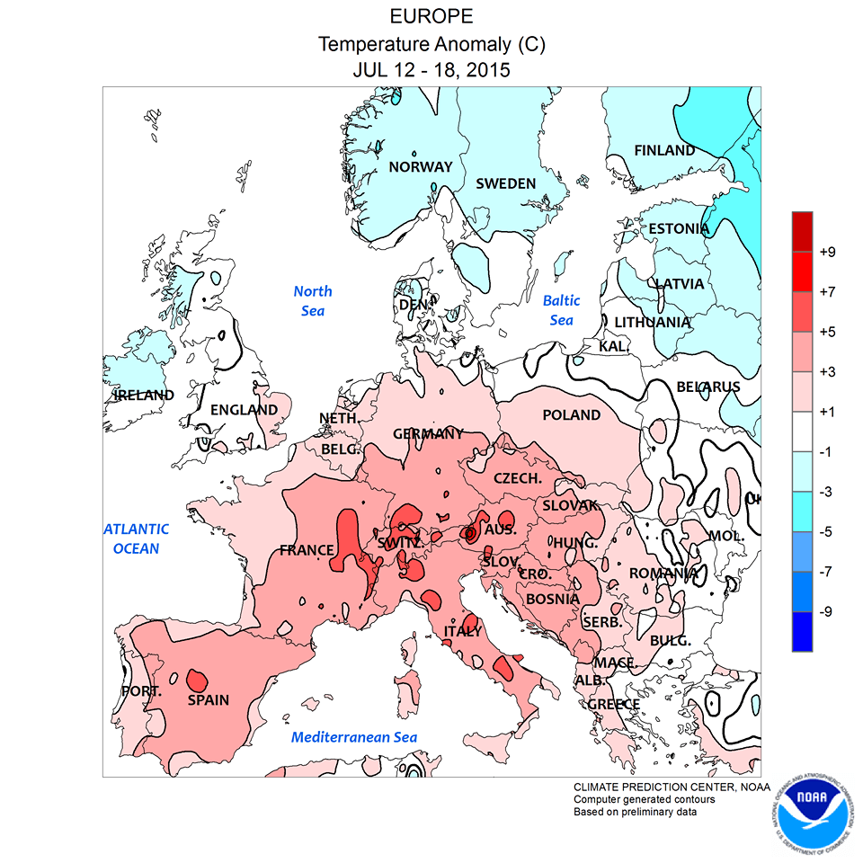 Europa in rosso: anomalie termiche settimanali 12 -18 Luglio