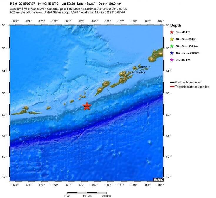 Forte scossa di terremoto di magnitudo 6.9 della scala Richter in Alaska, Isole Auletine
