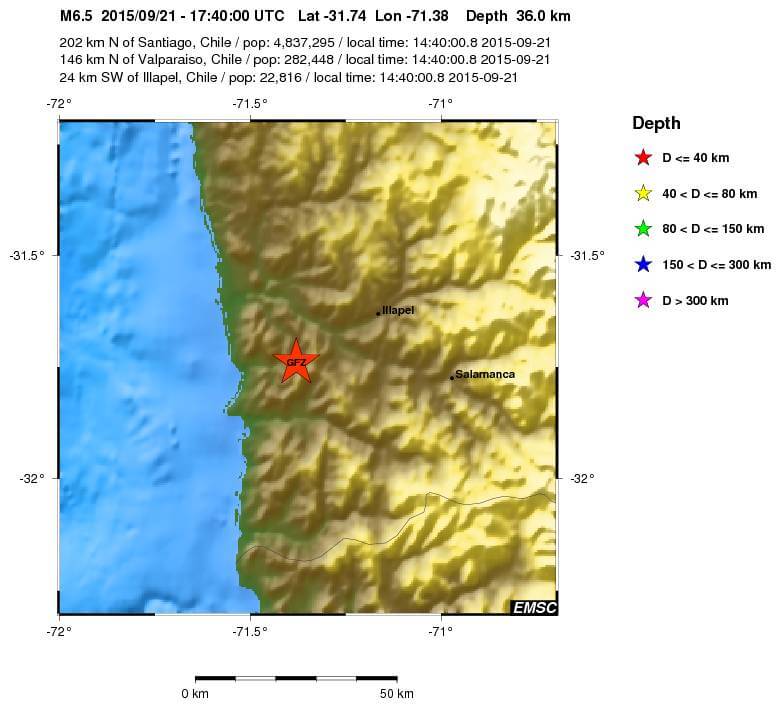 Terremoto in Cile, magnitudo 6.6 della scala Richter, epicentro sulla terra ferma