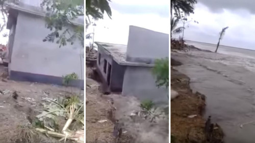 Bangladesh: una casa in cemento, costruita su una dolina, scompare avvolta dalle onde
