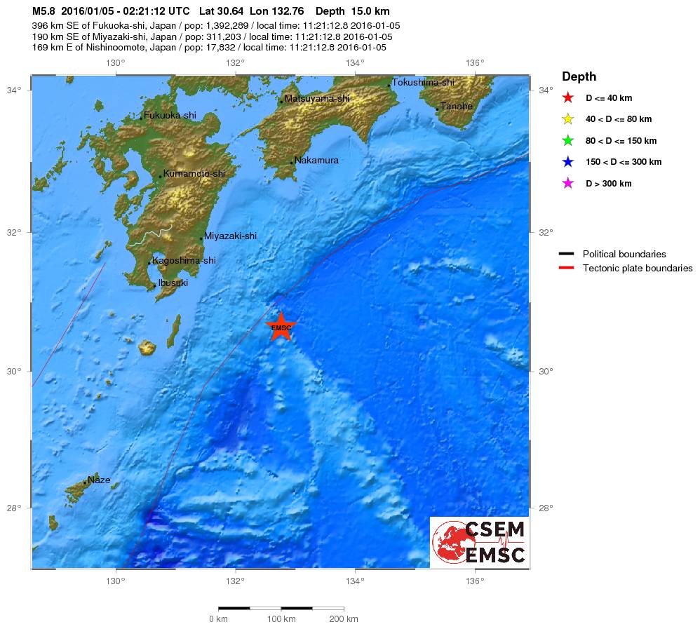 Terremoto Giappone oggi 5 Gennaio, magnitudo 5.8 Richter in mare, dati ufficiali