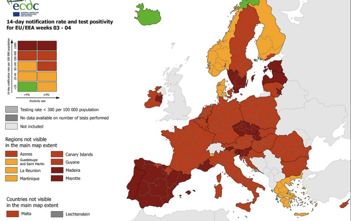 Covid, diffusa la nuova mappa delle zone a rischio nell’Unione Europea