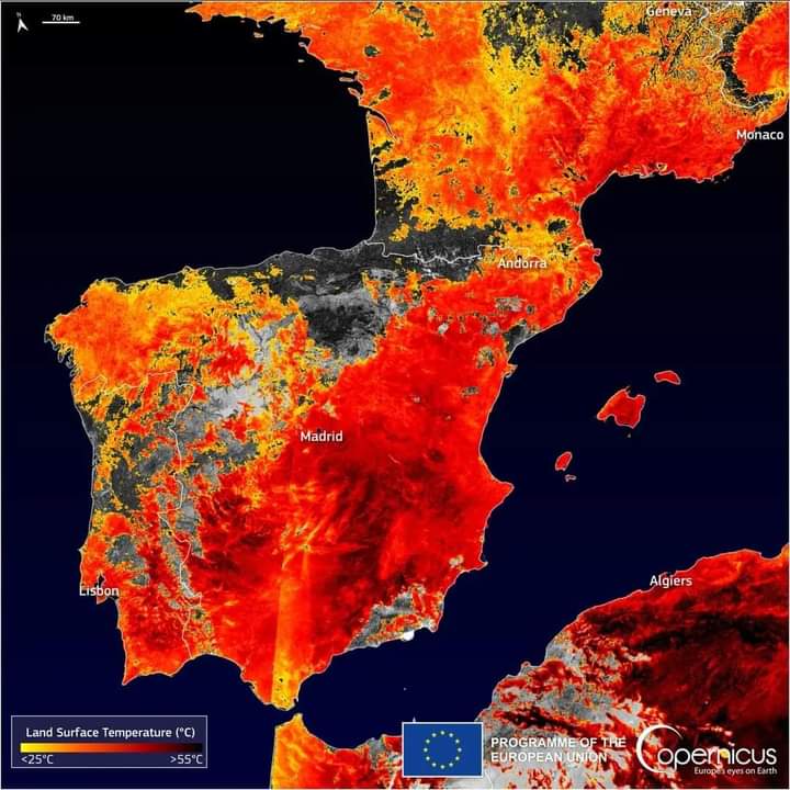 Caldo estremo in Spagna: 53 gradi segnalati dal satellite Sentinel 3