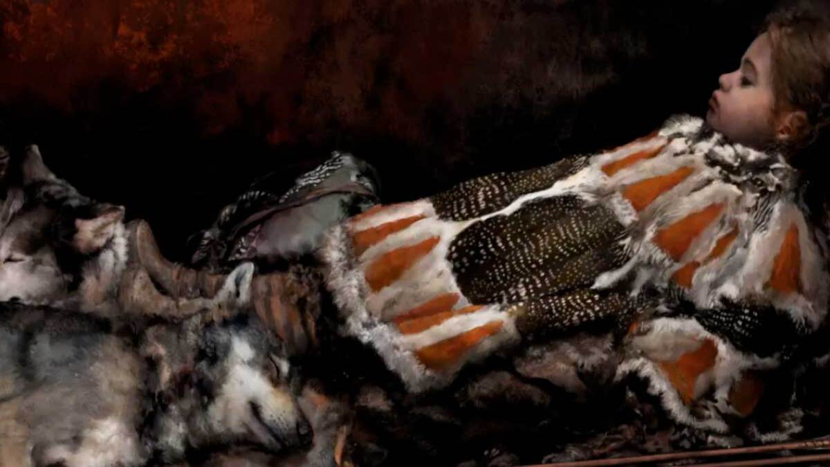 Bambino preistorico sepolto con piume di uccelli, fibre vegetali e pelliccia