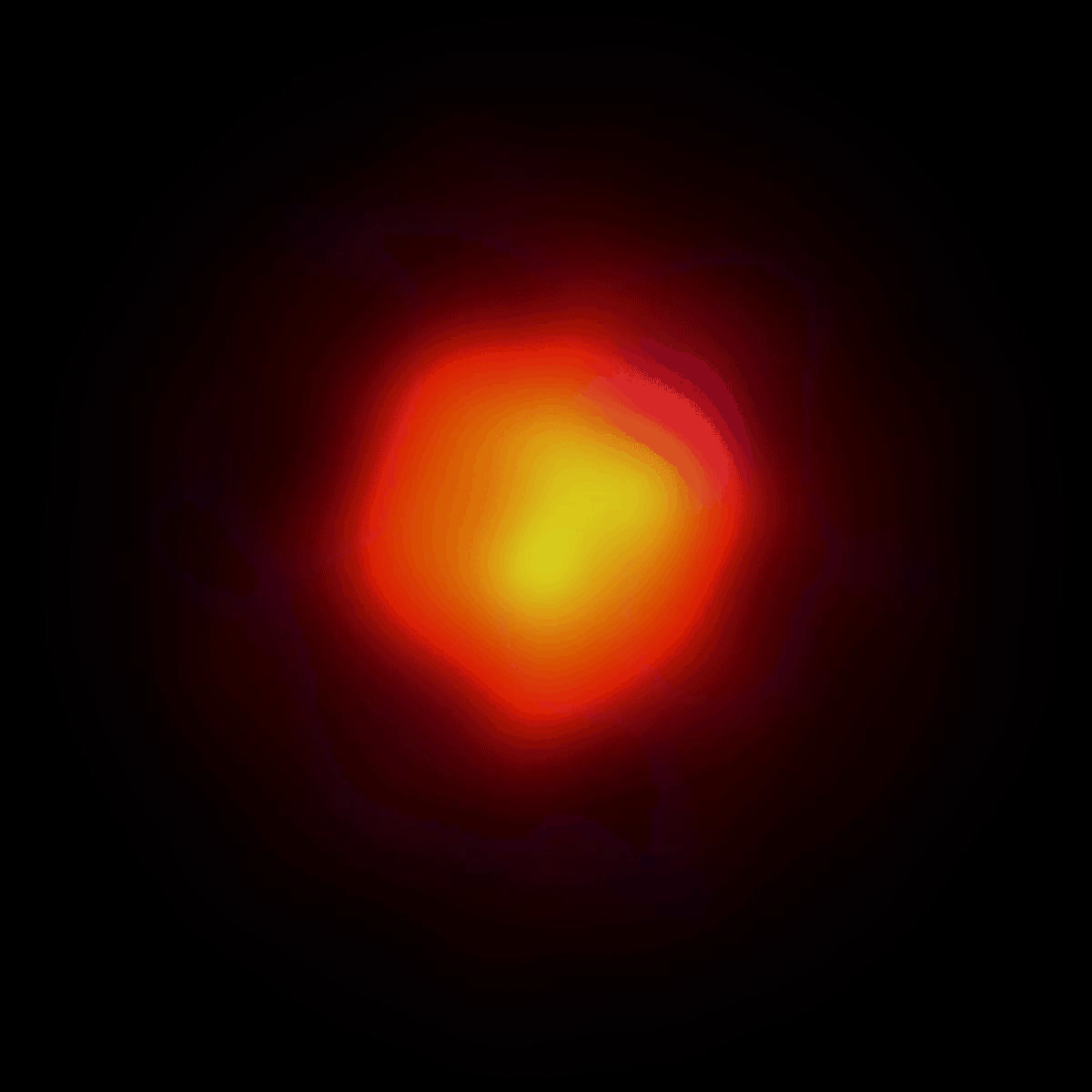 Questa animazione ad alta risoluzione cattura la radiazione a onde submillimetriche della stella in una tavolozza di colori caldi, illustrando l'attività vigorosa negli strati esterni della stella. Le tonalità più fredde mappano la danza intricata dei maser di cianuro di idrogeno (HCN) rilevati nella banda 10 di ALMA a una frequenza impressionante di 891 GHz. L'animazione mostra diverse parti del gas HCN in movimento a diverse velocità radiali. Il colore della velocità indica la direzione in cui si sta muovendo: lo spostamento verso il rosso (velocità positiva) significa che il gas si sta allontanando, mentre lo spostamento verso il blu (velocità negativa) significa che si sta avvicinando.
