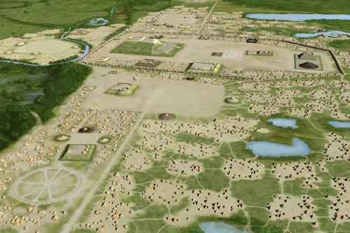 Illustrazione degli artisti di come il sito di Cahokia Mounds potrebbe essere apparso circa 1.000 anni fa. Illustrazione degli artisti di come il sito di Cahokia Mounds potrebbe essere apparso circa 1.000 anni fa.