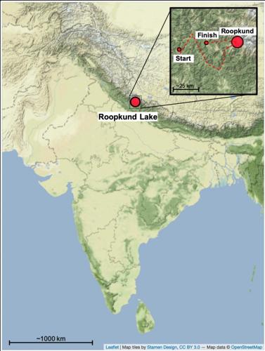 Mappa che mostra la posizione del lago Roopkund nell'Himalaya, con l'inserzione che mostra il percorso del pellegrinaggio Nanda Devi Raj Jat.