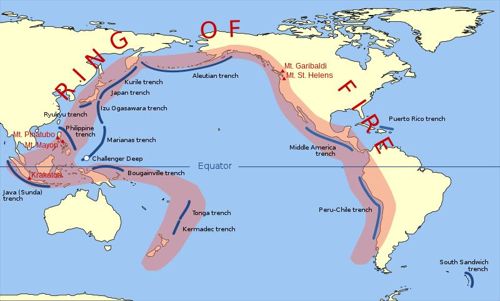 mappa che mostra il Ring of Fire del Pacifico in rosso