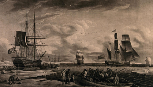 Un'illustrazione del 1789 di Robert Dodd che mostra marinai che arrivano in Groenlandia per uccidere balene,