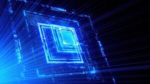 Un rendering 3D di un chip di silicio fatto di luce