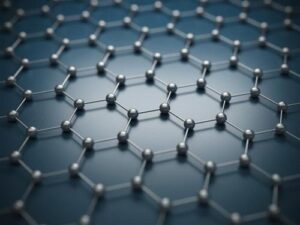 Un'immagine digitale che mostra una griglia di piccole sfere metalliche disposte in forme esagonali e connesse da piccole linee di metallo su uno sfondo metallico.