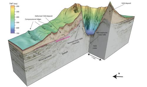 Vista a taglio della immagine sismica 3D creata del cratere del vulcano.