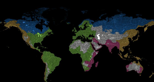 Geografia di Grasshopper che mostra i fiumi del mondo che si riversano nell'Oceano Atlantico (verde), nell'Oceano Artico (blu), nell'Oceano Pacifico (arancione) e nell'Oceano Indiano (rosa).
