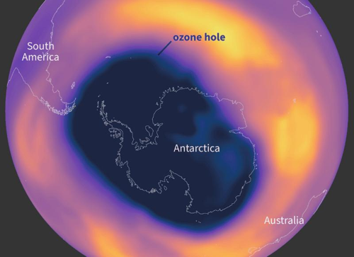 Mappa NOAA del buco dell'ozono sopra l'Antartide nel 2023