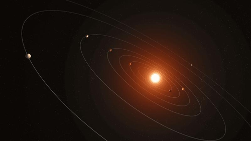 Concept artistico di Kepler-385, il sistema a sette pianeti rivelato in un nuovo catalogo di candidati pianeti scoperti dal telescopio spaziale Kepler della NASA.