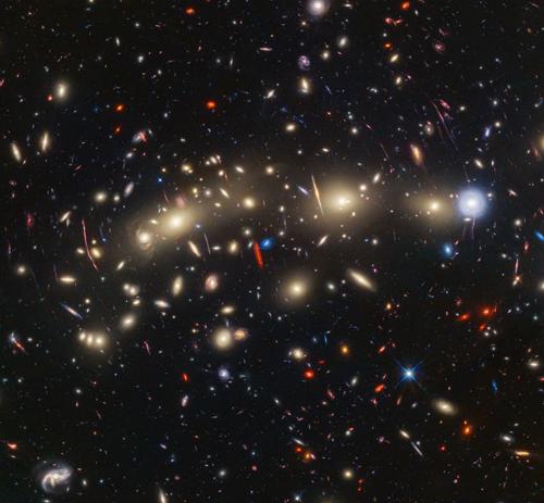 Un campo di galassie sullo sfondo nero dello spazio. Al centro, che si estende da sinistra a destra, c'è una collezione di decine di galassie a spirale e ellittiche giallastre che formano un ammasso di galassie in primo piano. Tra di esse ci sono caratteristiche lineari distorte create quando la luce di una galassia di sfondo viene piegata e ingrandita attraverso la lente gravitazionale