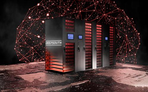 Rappresentazione artistica di DeepSouth, supercomputer con accenti rossi su sfondo che rappresenta le reti cerebrali umane in rosso