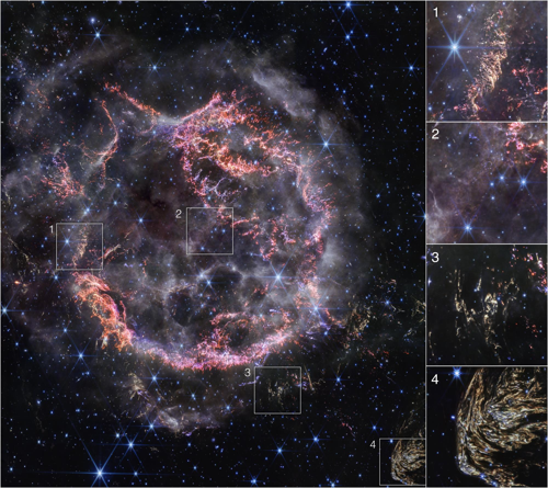 Punti salienti di Cassiopeia A 1. La risoluzione eccezionale di NIRCam è in grado di rilevare piccoli nodi composti da gas di zolfo, ossigeno, argon e neon. 2. I fori circolari visibili nell'immagine di MIRI all'interno del Mostro Verde, una svolta di luce verde nella cavità interna di Cas A, sono debolmente delineati in emissione bianca e viola nell'immagine di NIRCam - questo rappresenta gas ionizzato. I ricercatori ritengono che ciò sia dovuto ai detriti della supernova che si aprono strada e modellano il gas lasciato dalla stella prima che esplodesse. 3. Un piccolo eco di luce. 4. NIRCam ha catturato un eco di luce particolarmente intricato e grande, soprannominato Baby Cas A, situato a circa 170 anni luce dietro il resto di supernova.