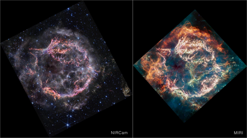L'immagine di NIRCam di Casiopeia A non è colorata come quella di MIRI, ma ha una risoluzione più alta. La periferia del guscio interno principale, che appare di un arancione profondo e rosso nell'immagine di MIRI, sembra fumo di un falò nell'immagine di NIRCam. Questo segna il punto in cui l'onda d'urto della supernova si scontra con il materiale circumstellare circostante. La polvere nel materiale circumstellare è troppo fredda per essere rilevata direttamente alle lunghezze d'onda del vicino infrarosso, ma si illumina nell'infrarosso medio. Inoltre, non è visibile nella vista del vicino infrarosso la svolta di luce verde nella cavità centrale di Cas A che brillava nell'infrarosso medio, soprannominata il Mostro Verde dal team di ricerca. Tuttavia, i fori circolari visibili nell'immagine di MIRI all'interno del Mostro Verde sono debolmente delineati in emissione bianca e viola nell'immagine di NIRCam.