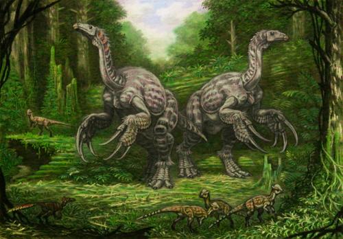 Therizinosaurus probabilmente assomigliava più a un tacchino gigante che a un armadillo, ma le sue incredibili artigli sono in piena vista.