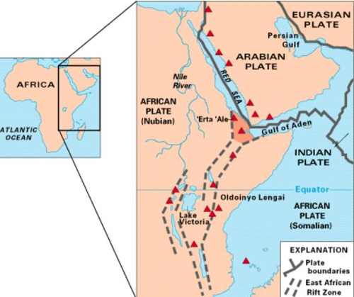 Mappa dell'Africa Orientale che mostra alcuni dei vulcani storicamente attivi (triangoli rossi), così come le due parti della Placca Africana (la Nubiana e la Somala) che si separano lungo la Zona di Frattura dell'Africa Orientale.