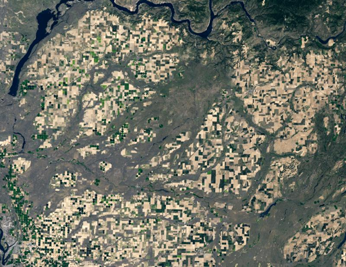 Immagine satellitare delle Channeled Scablands scattata a circa 120 chilometri (75 miglia) a ovest di Spokane nello stato di Washington il 14 maggio 2023.