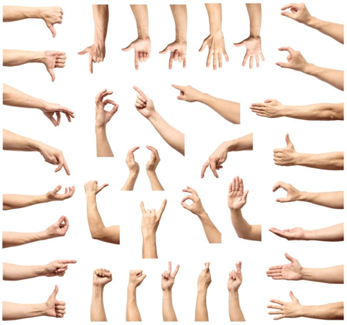 Mani e avambracci umani fotografati senza corpo che eseguono vari gesti su uno sfondo bianco