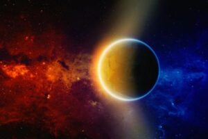 illustrazione della terra nello spazio, metà del pianeta è coperta da un bagliore giallo