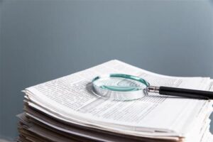 Una lente di ingrandimento è stata posizionata su un mucchio di documenti su uno sfondo grigio.