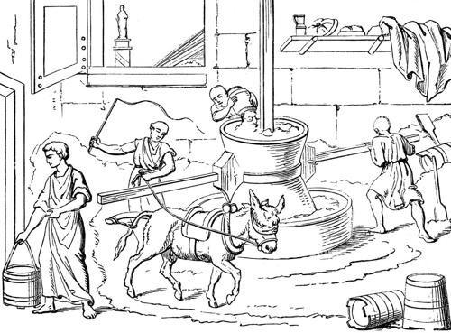 illustrazione di schiavi e asino che lavorano nella panetteria prigione, spostando la macina per macinare la farina