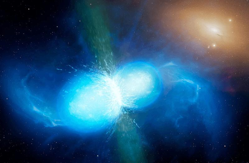 Rappresentazione artistica della fusione di due stelle di neutroni, un processo che potrebbe essere avvenuto molto vicino alla Terra 3,5-4,5 milioni di anni fa