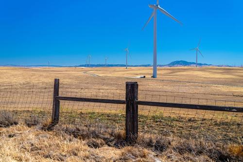 turbine eoliche che si ergono in un grande campo, cielo blu sullo sfondo, recinzione in primo piano