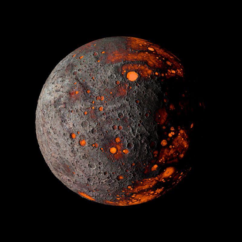 Rappresentazione 3D di un pianeta roccioso che è metà lava