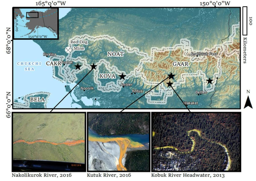 Mappa delle osservazioni di corsi d'acqua arancioni nei parchi della Rete di Inventari e Monitoraggio dell'Artico (ARCN) nell'Alaska settentrionale.
