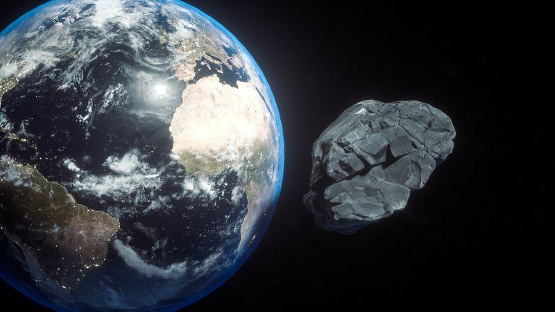 3d render di un asteroide che vola vicino all'orbita terrestre.