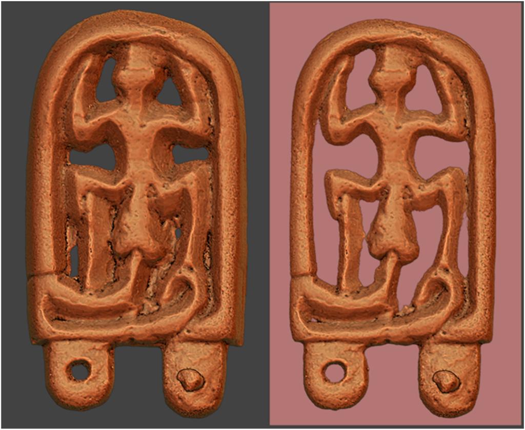 2 scans of belt buckle showing serpent eating frog against a grey and then a red background 