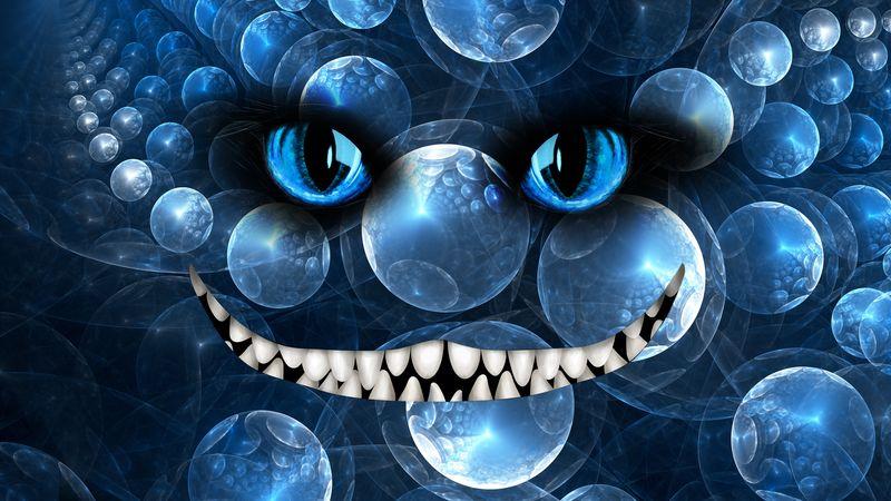 gli occhi e il sorriso di un gatto del Cheshire sovrapposti a un render 3D di uno sfondo artistico ispirato alla meccanica quantistica