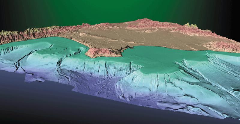 The complex rugged nature of the continental margin off the coast of Los Angeles pictured thanks to bathymetric data.