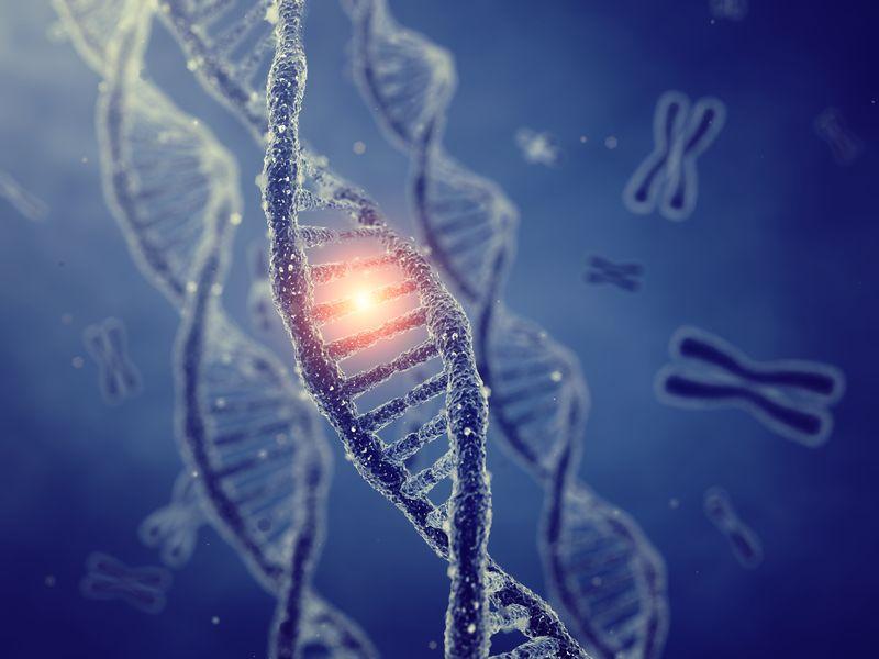 illustrazione della doppia elica del DNA, mutazione evidenziata da un punto luminoso