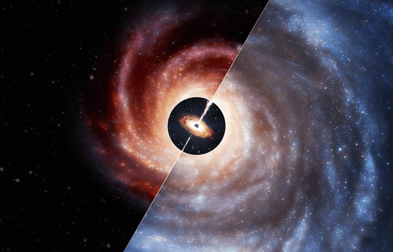 L'immagine è divisa in due in diagonale. Al centro, un'immagine artistica di un buco nero supermassiccio. Da un lato una galassia piccola e rossa e dall'altro una galassia molto più grande come si vedrebbe nell'universo locale.