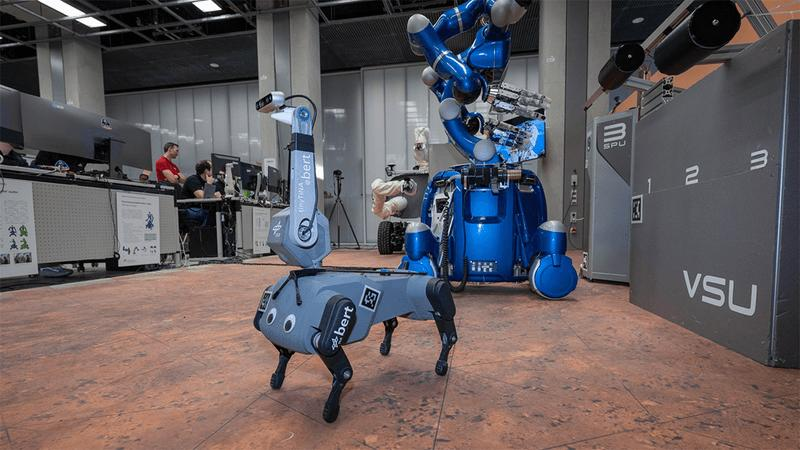 Un cane robotico, con una telecamera attaccata al braccio.