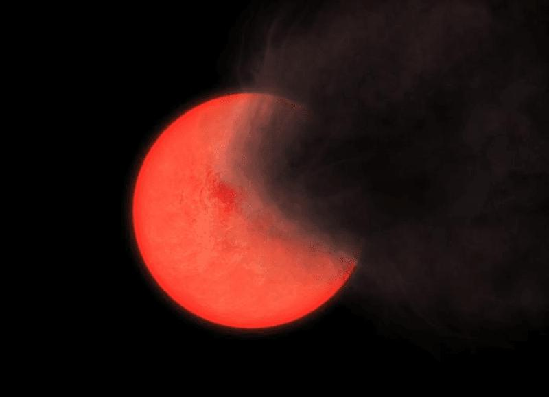 Rappresentazione artistica di una stella gigante rossa che emette una nuvola di polvere scura o fumo, qualcosa che sembra essere distintivo delle stelle ricche di metalli vicino al centro della galassia