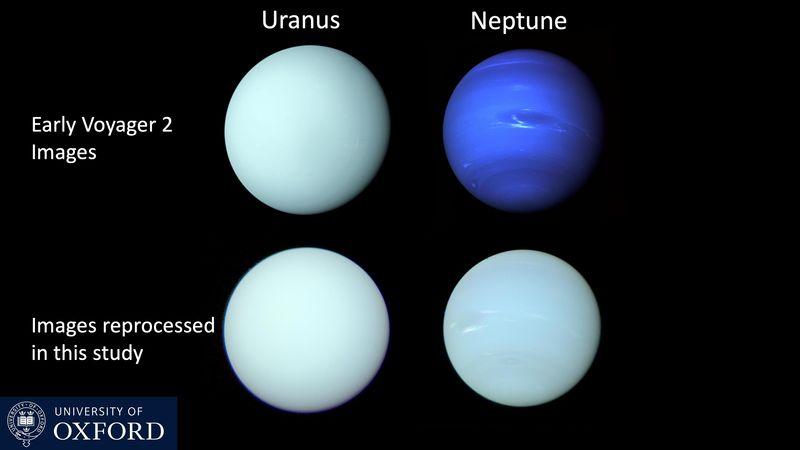 comparison between the voyager 2 images of Uranus and Neptune where the planets look very distinct and the true color version.