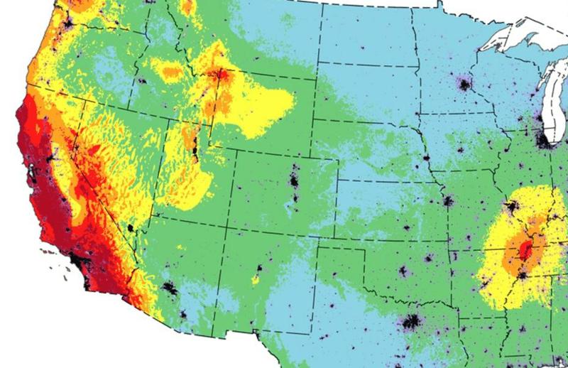 Uno snippet della mappa USGS che mostra la probabilità di scosse di terremoto dannose negli Stati Uniti nei prossimi 100 anni.