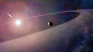 This artist’s impression shows a massive, comet-like object falling towards a white dwarf as a planet orbit the dead star