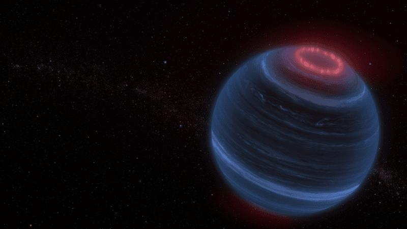 A spherical world is seen with cool bands across its atmosphere and glowing wisp at its poles