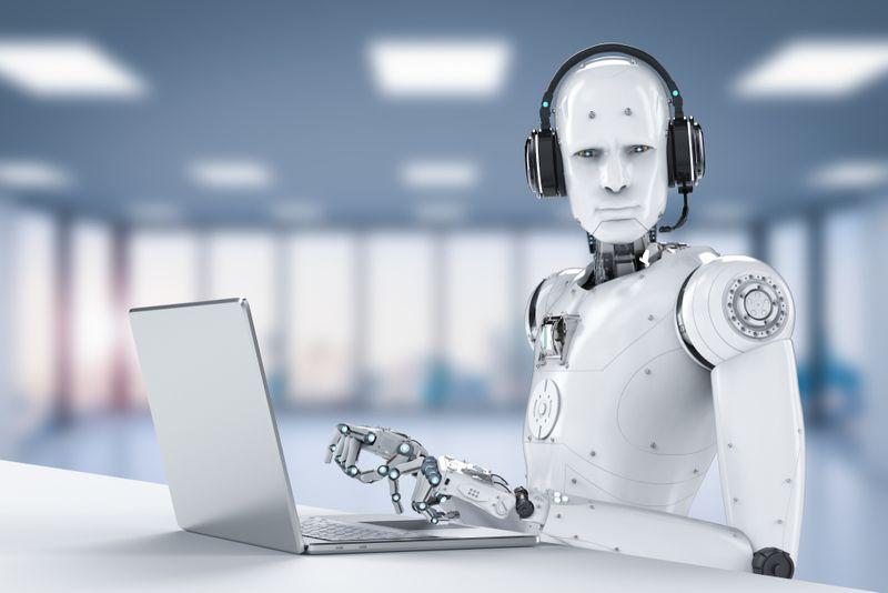 Rendering 3D di un androide umanoide bianco che digita su un laptop e indossa un auricolare, fissando la telecamera