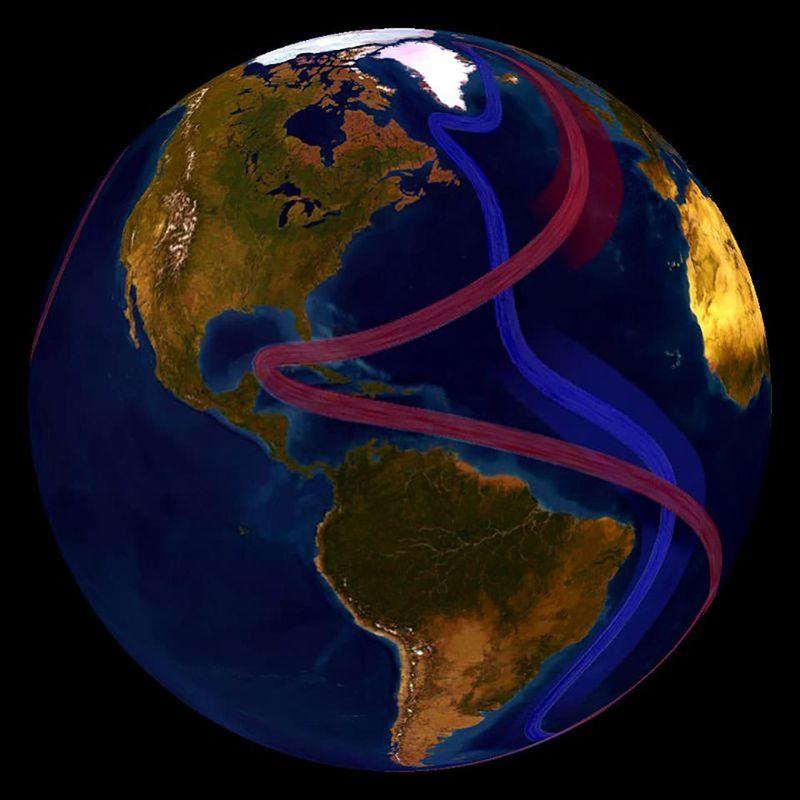 Mappa della Circolazione Meridionale Atlantica di Sovrapposizione (AMOC), parte di questo complesso sistema di correnti oceaniche globali che circola acqua fredda in profondità e acqua calda in superficie in tutto il mondo