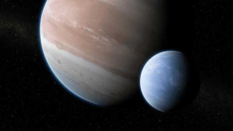 Rappresentazione artistica dell'esopianeta Kepler-1625b con la sua ipotetica grande luna. La coppia ha una massa e un raggio simili al sistema Terra-Luna ma scalati di un fattore 11.